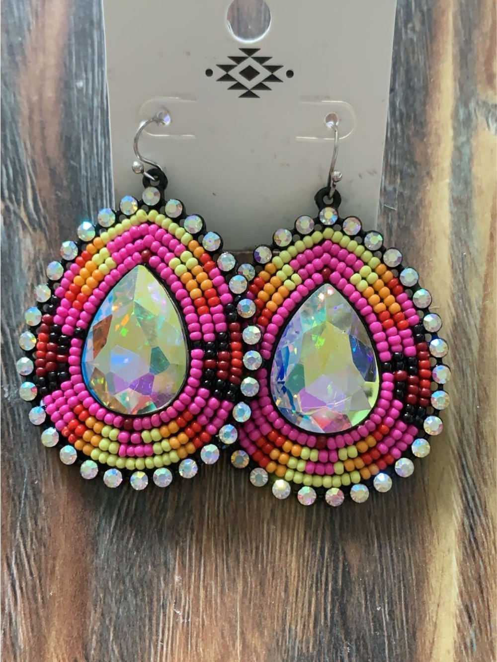 Beaded Teardrop Dangle Earrings with Iridescent Center